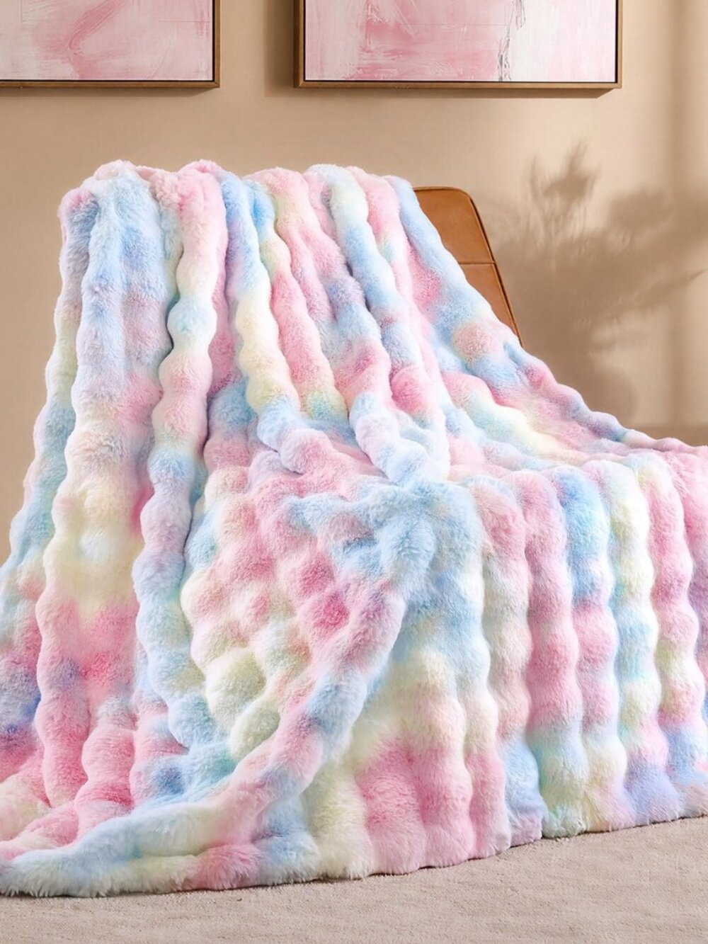 Faux Rabbit Fur Throw for Couch - Rainbow Bubble Blanket 50"x60"